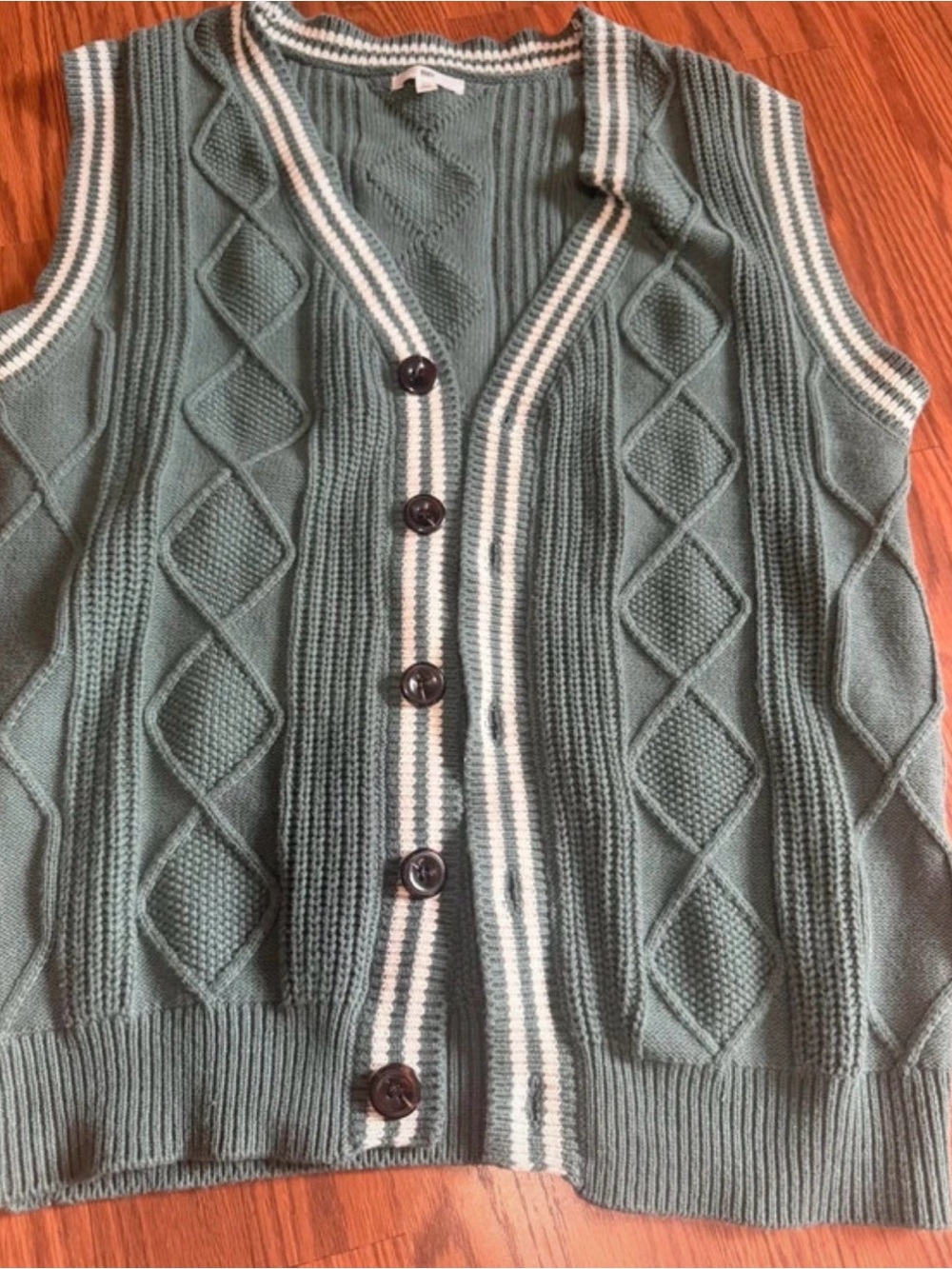 bp Sleeveless Cable-Knit Cardigan Vest in Sage Green with Cream Trim